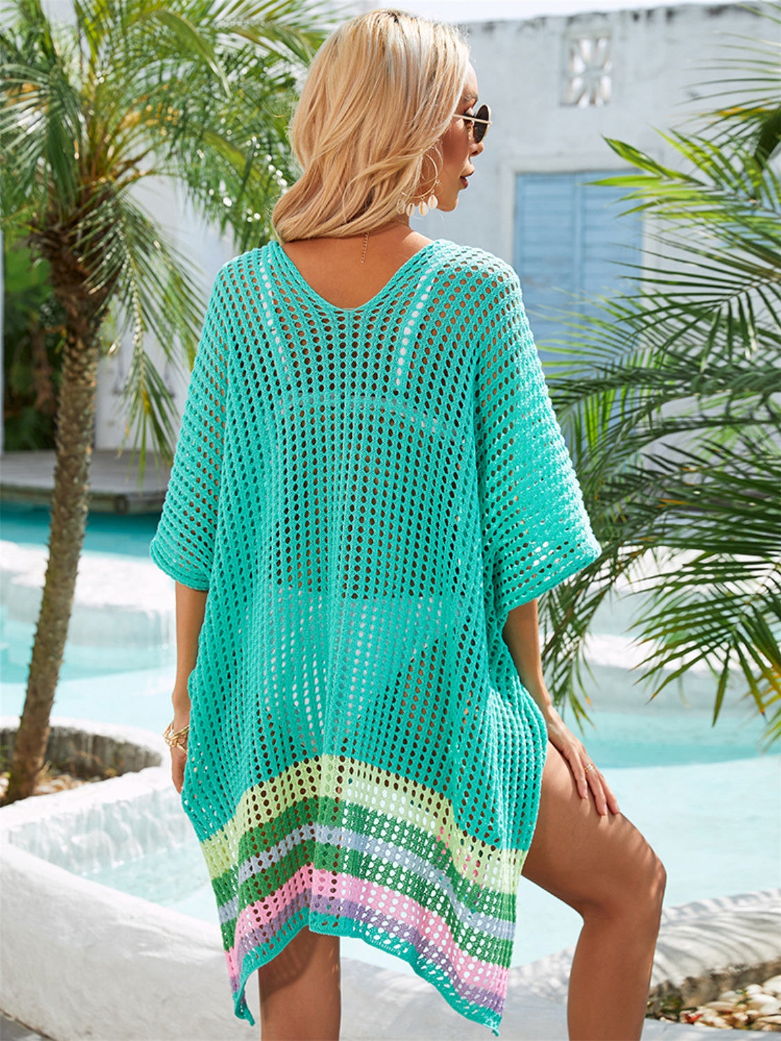 Openwork V-Neck Half Sleeve Cover-Up