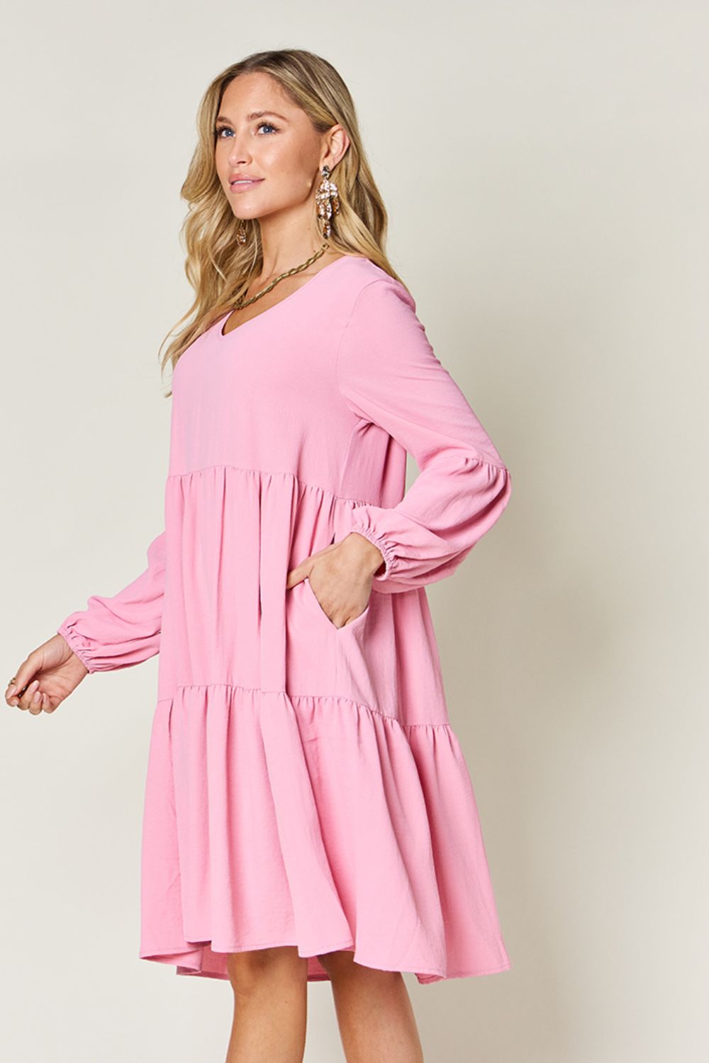 Full Size V-Neck Balloon Sleeve Tiered Dress with Pockets