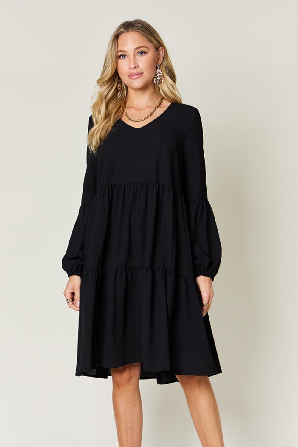 Full Size V-Neck Balloon Sleeve Tiered Dress with Pockets