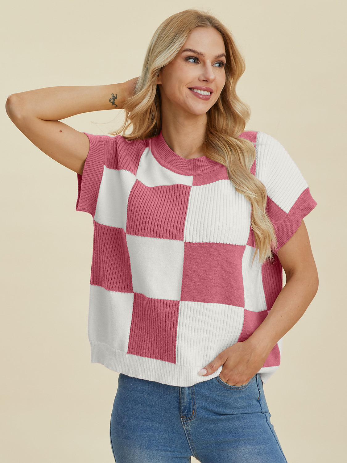 Full Size Checkered Round Neck Short Sleeve Sweater