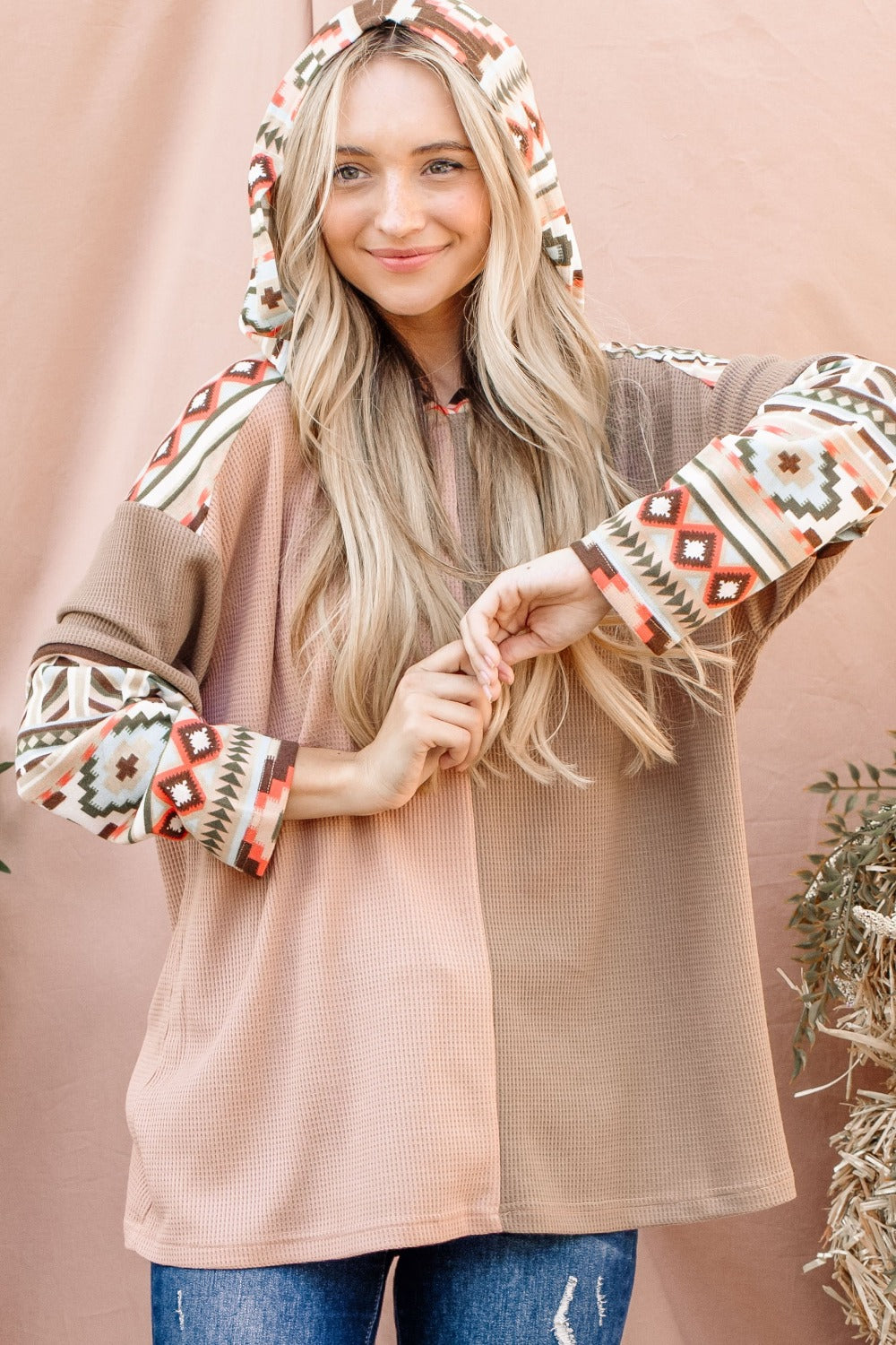 Printed Color Block Hooded Waffle Top