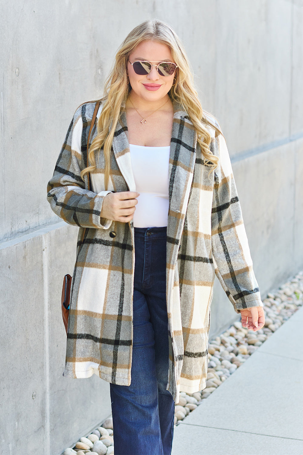 Full Size Plaid Button Up Lapel Collar Coat