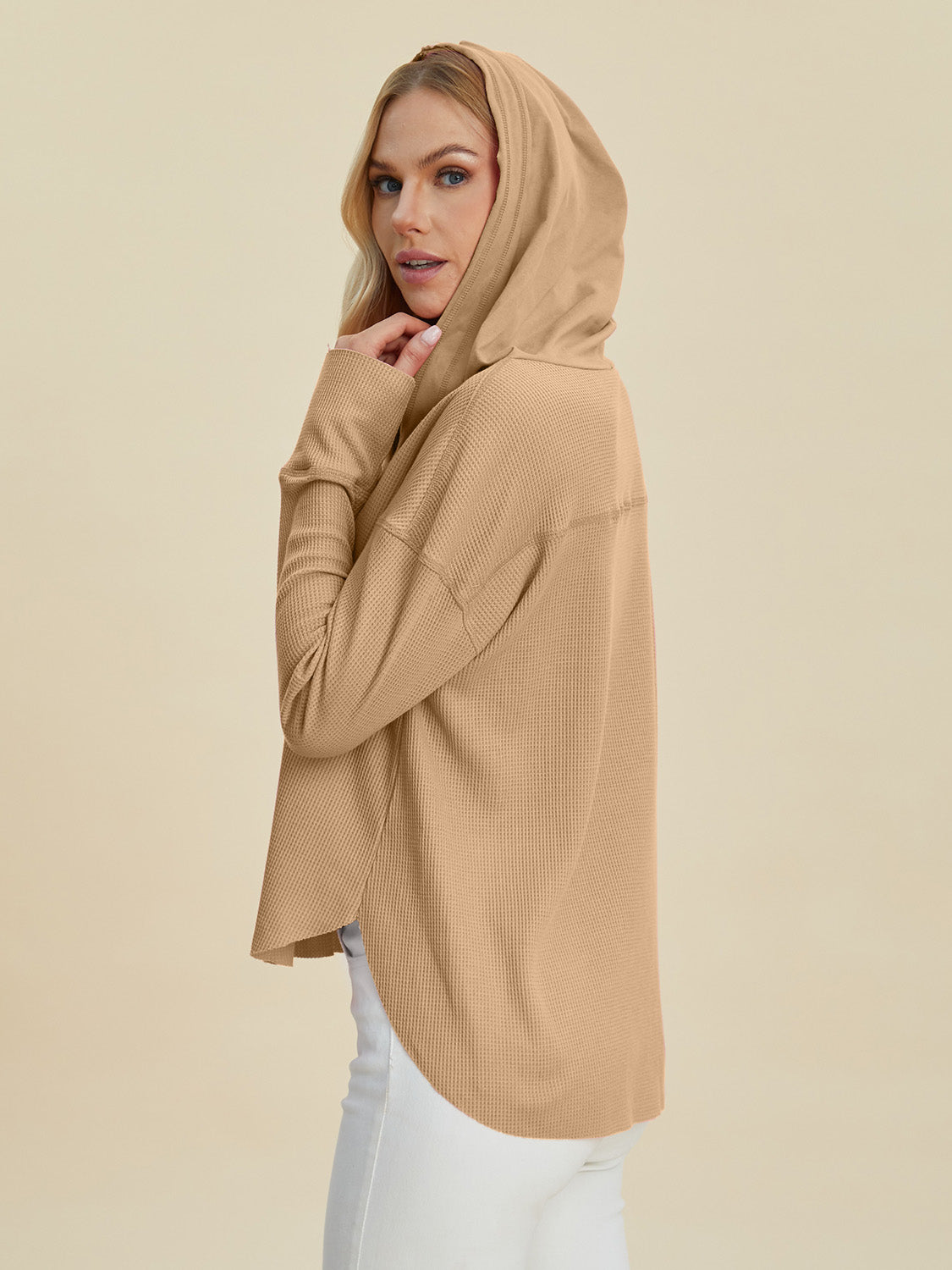 Full Size High-Low Dropped Shoulder Long Sleeve Hoodie