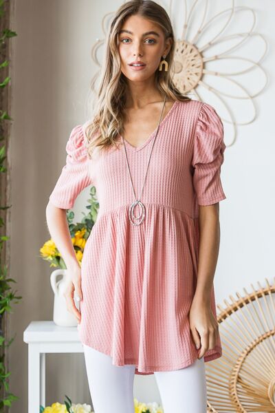 Full Size Waffle Knit V-Neck Babydoll Top