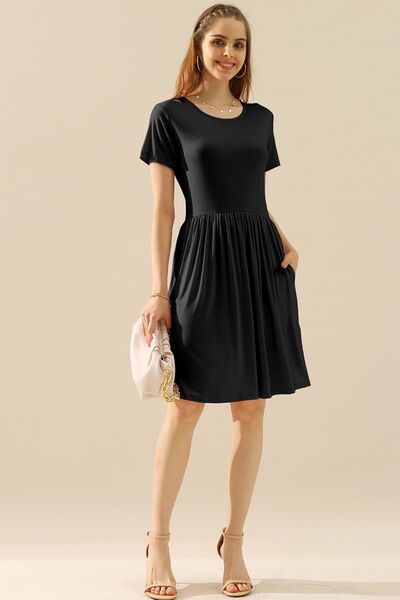 Full Size Round Neck Ruched Dress with Pockets