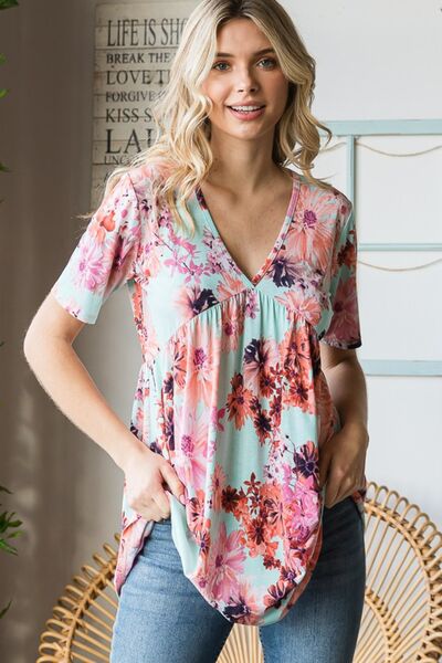 Full Size Floral V-Neck Short Sleeve Babydoll Blouse