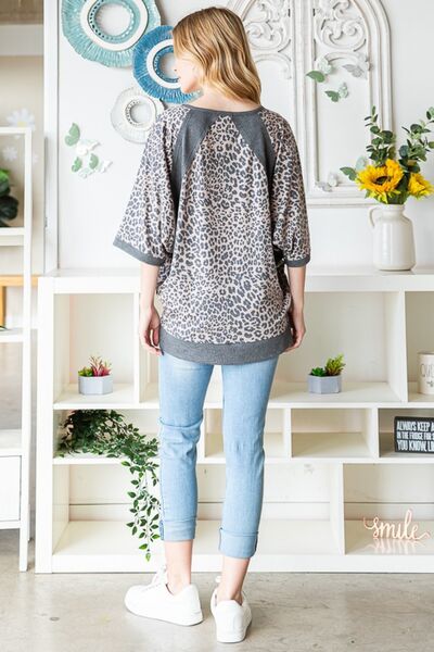 Full Size Leopard Contrast V-Neck Half Sleeve T-Shirt