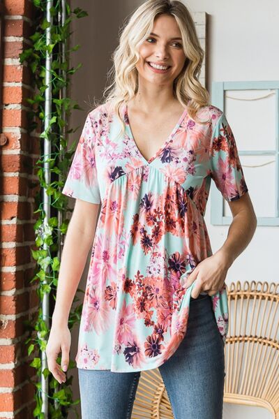 Full Size Floral V-Neck Short Sleeve Babydoll Blouse