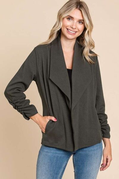 Full Size Ruched Open Front Long Sleeve Jacket