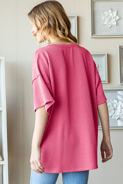 Full Size Ribbed Half Button Drop Shoulder Top