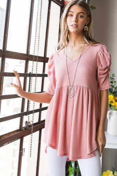 Full Size Waffle Knit V-Neck Babydoll Top