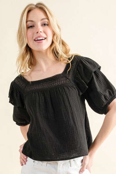 Square Neck Cotton Gauze Ruffled Blouse