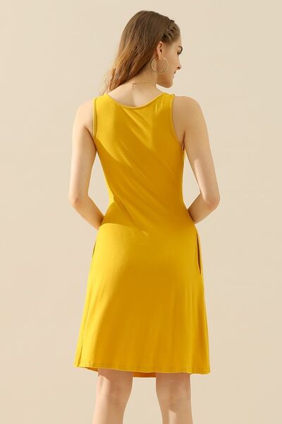 Full Size Round Neck Ruched Sleeveless Dress with Pockets