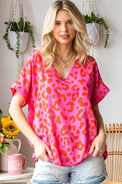 Leopard V-Neck Short Sleeve Woven Top