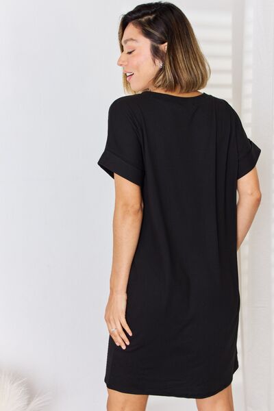 Full Size Rolled Short Sleeve V-Neck Dress