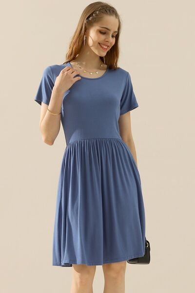 Full Size Round Neck Ruched Dress with Pockets