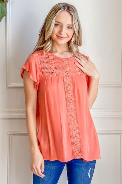 Lace Detail Ruffle Short Sleeve Blouse