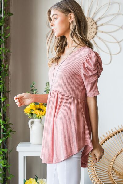 Full Size Waffle Knit V-Neck Babydoll Top