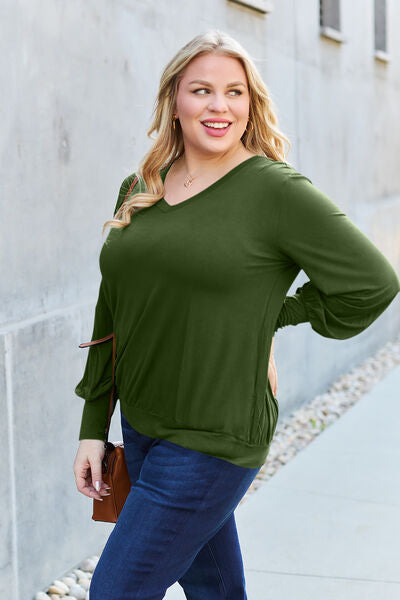 Full Size V-Neck Lantern Sleeve Blouse