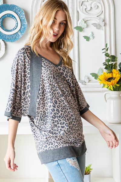 Full Size Leopard Contrast V-Neck Half Sleeve T-Shirt