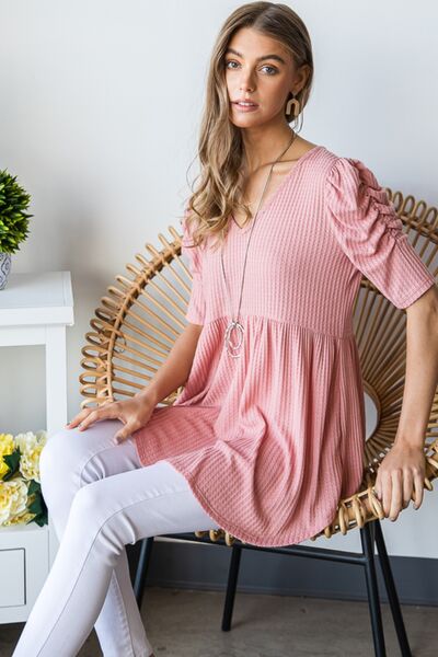 Full Size Waffle Knit V-Neck Babydoll Top