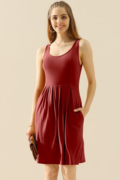 Full Size Round Neck Ruched Sleeveless Dress with Pockets