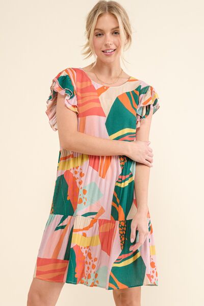 Printed Double Ruffle Sleeve Dress