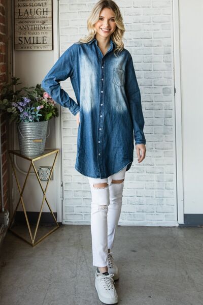 Pocketed Button Up Washed Denim Shirt