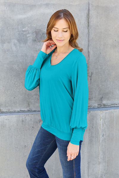 Full Size V-Neck Lantern Sleeve Blouse