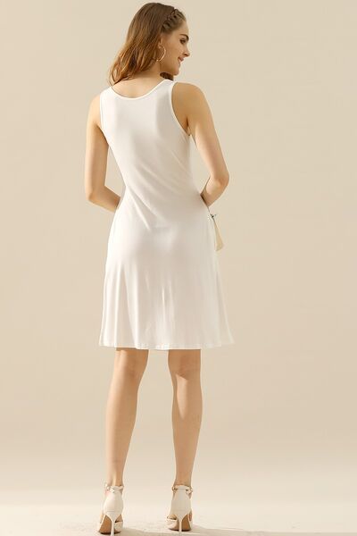 Full Size Round Neck Ruched Sleeveless Dress with Pockets