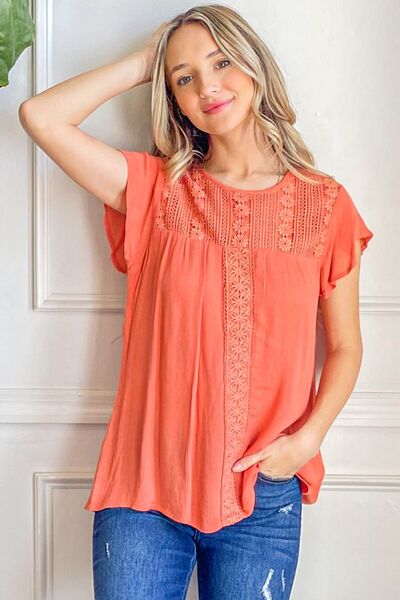 Lace Detail Ruffle Short Sleeve Blouse