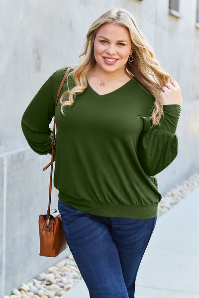 Full Size V-Neck Lantern Sleeve Blouse