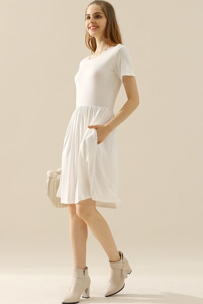 Full Size Round Neck Ruched Dress with Pockets