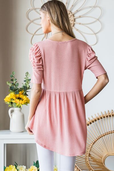 Full Size Waffle Knit V-Neck Babydoll Top