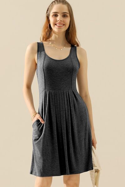 Full Size Round Neck Ruched Sleeveless Dress with Pockets