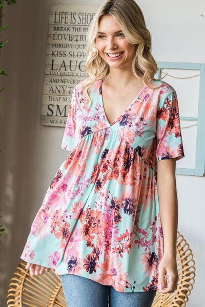 Full Size Floral V-Neck Short Sleeve Babydoll Blouse